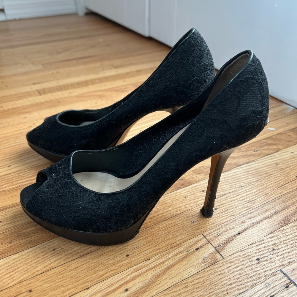 Dior black lace peep toe heels in size 38.5